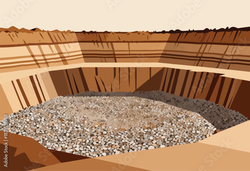 A stylized illustration presents a deep, layered pit with a bed of gravel at its center under a tan sky