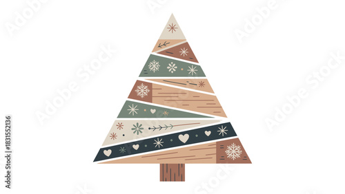 Festive Abstract: An artful and minimalist depiction of a Christmas tree adorned with geometric patterns and snowflakes. This elegant design embodies the season's charm.