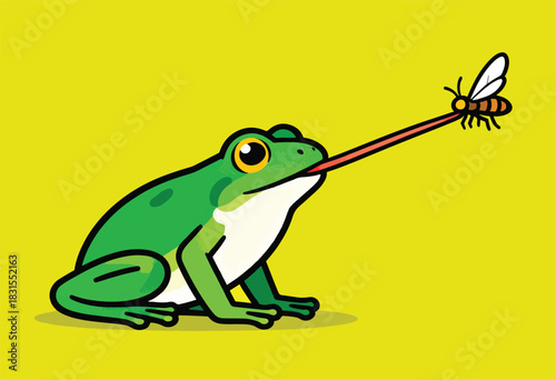 A cartoon frog with its long tongue extended to catch a bee. Bright yellow backdrop