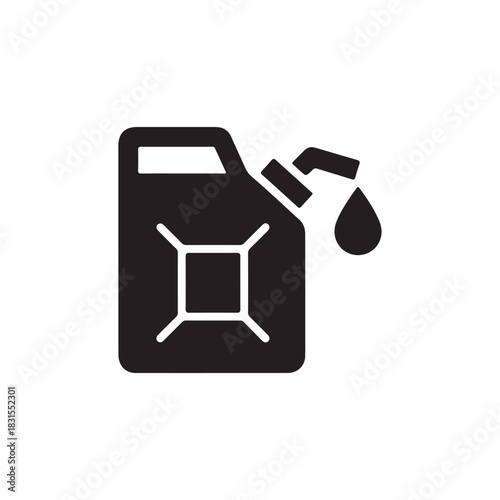 Black solid icon of a jerrycan with a liquid drop for fuel or water on white back ground