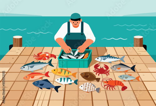 A fisherman sorts catch on a pier surrounded by various fish and crustaceans, overlooking the sea
