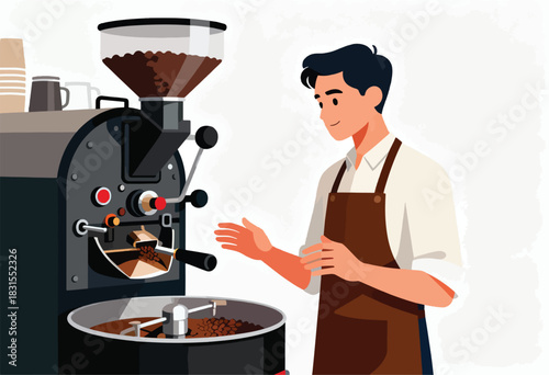 An illustration of a barista operating a coffee roaster. Roasted beans are falling into a cooling tray