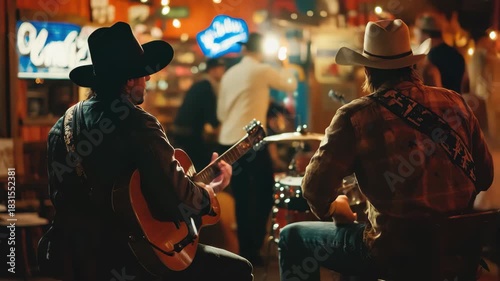 Country band performs live music in a lively honky tonk bar setting with colorful lights, Band plays country music in honky tonk bar Back view Drummer and guitarist