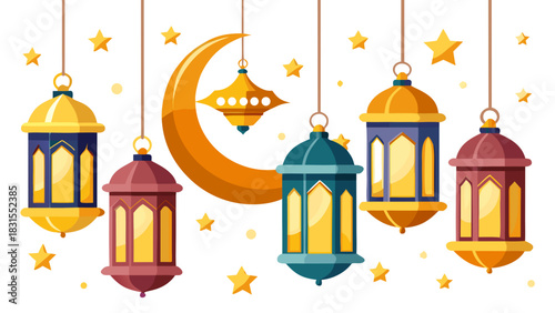 Vector illustration of decorative Islamic lanterns with a crescent moon and scattered stars hanging elegantly on white background, symbolizing Ramadan and Eid celebrations