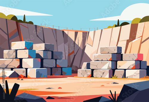 A geometric illustration depicts a quarry scene with stacked blocks and angled rock faces, under a blue sky