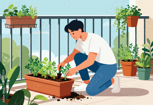 A person gardens on a balcony, tending to potted plants with a small trowel, with other plants & a sunny background