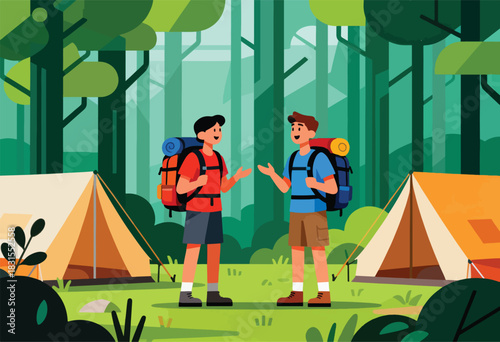 Two hikers chat near tents in a forest scene; backpack gear, green trees and foliage are shown