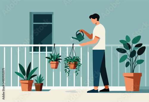 Illustration of a person watering plants on a balcony, with hanging and potted greenery