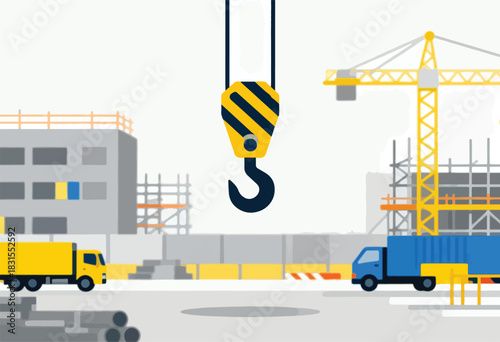 A vector illustration depicts a construction site featuring a crane, buildings, trucks, and a prominent hook