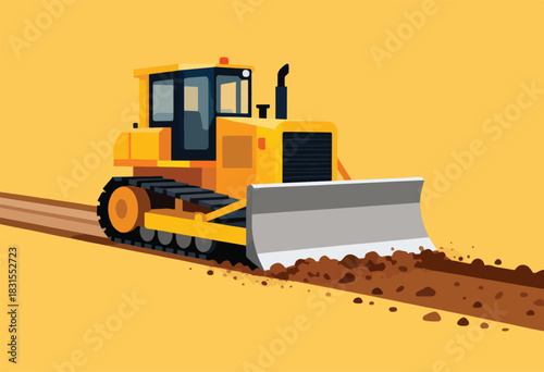 A yellow bulldozer with its blade pushes soil. It's on a tan surface, forming a line. The sky is also tan