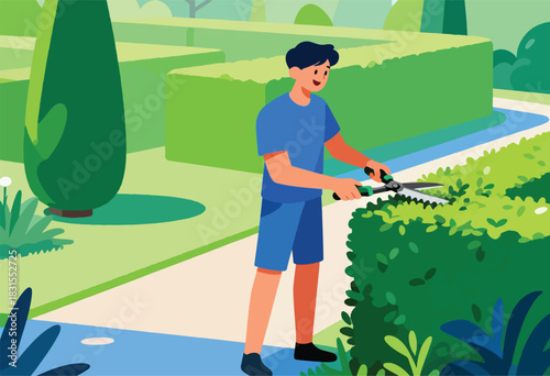 A person in a blue shirt and shorts, trimming a hedge with shears in a park setting