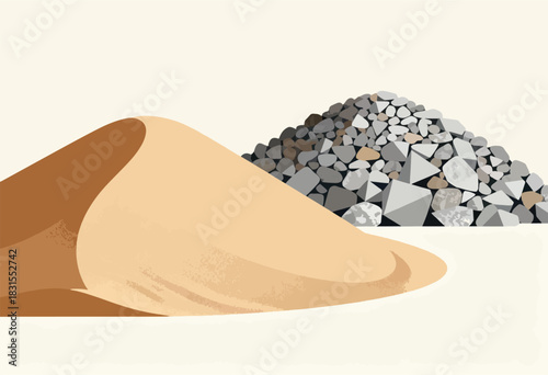 An abstract illustration features a sand dune formation next to a pile of stones against a light cream backdrop