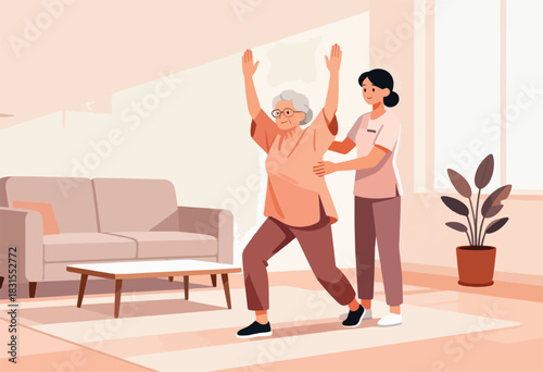 Elderly woman doing assisted exercise with a caregiver in a cozy interior