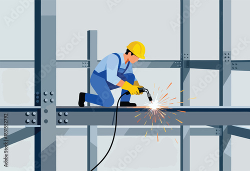 A construction worker welds steel beams, creating sparks. Building structure in background