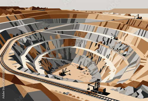An illustrative depiction of an open-pit mine, with layered earth tones, machinery, and transport tracks