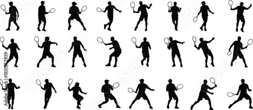 Large Vector Collection of Black Tennis Player Silhouettes Athletes in Various Action Poses, Representing Sports, Competition, Fitness, Exercise, and Recreation.