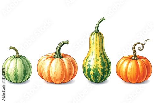 Watercolor illustration of various colorful autumn gourds and pumpkins on white