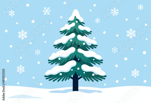 A snowy winter scene with a snow-covered fir tree amidst falling snowflakes on a light blue backdrop