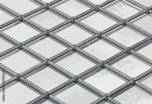 Perspective view of a steel reinforcement grid embedded within a concrete surface. Grid is formed by intersecting bars