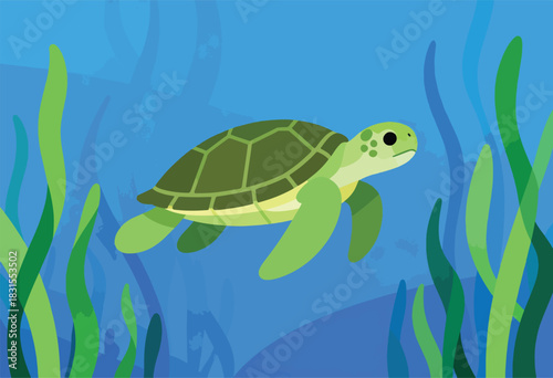 A cartoon sea turtle swims in a blue ocean among green seaweed. The image is flat and graphic