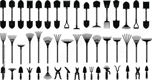 Extensive Collection of Black Silhouette Gardening Tools: Shovels, Rakes, Trowels, and Shears for Farming, Cultivation, and Landscaping Design Elements.