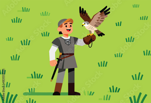 A falconer stands in a field holding a hawk. The cartoon image shows the man and hawk in a simplified style