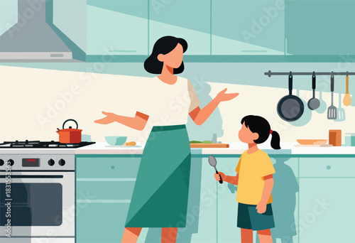A woman and a child in a kitchen, one gesturing and the other holding a spoon. Cooking scene