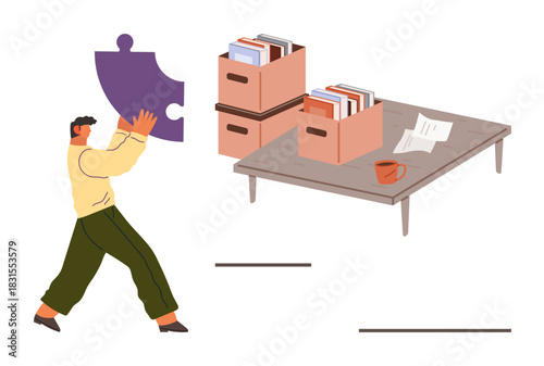 Person holding large puzzle piece beside table with file boxes, documents, and cup. Ideal for team collaboration, problem-solving, organization, strategy, planning productivity teamwork. A simple