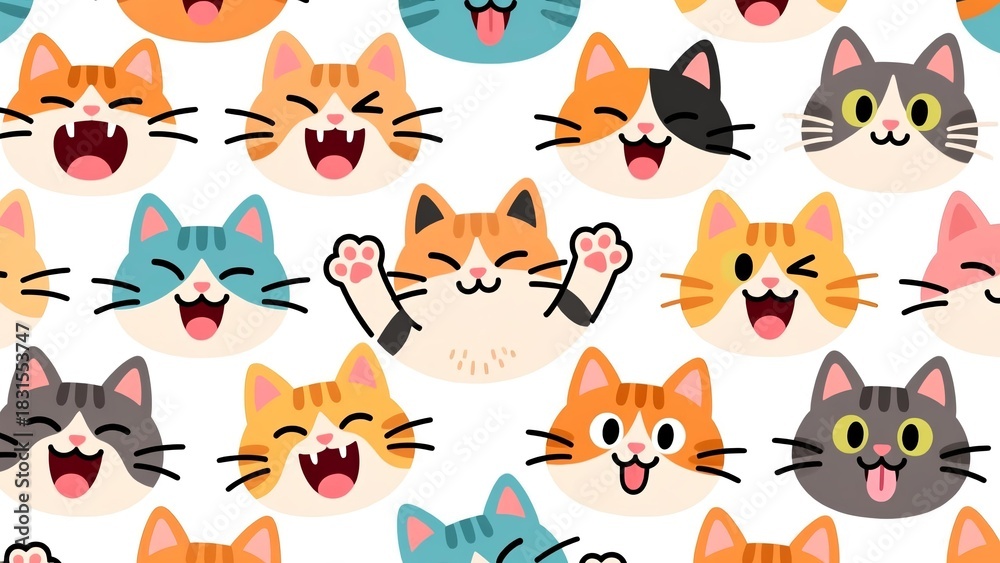 Obraz premium Cute and Colorful Cartoon Cat Faces Pattern Illustration