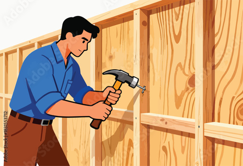 A worker in blue shirt and brown pants hammers a nail into wooden framing, side view, on white background
