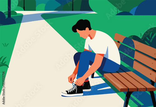 A person sits on a bench in a park, tying their shoe. The scene is brightly colored and graphic