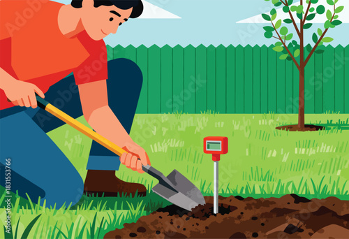 A person in an orange shirt uses a shovel in a garden with grass, a tree, and a soil meter