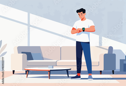 A man in a white t-shirt and blue pants checks his smart watch in a modern living room setting