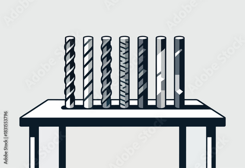 Seven varied pillars of varying patterns and shades stand on a dark-colored table. The background is a flat, light gray