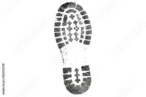Single isolated black and white rugged boot print with detailed tread pattern