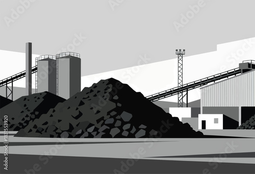 A grayscale illustration of a coal facility with piles, conveyors, buildings, and a tall light tower