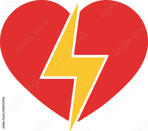 Red heart lightning bolt icon, electric energy flat vector design