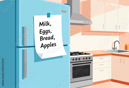A modern illustration depicting a kitchen scene with a fridge holding a shopping list, listing groceries