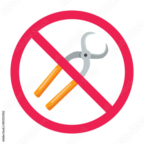 No clamp pliers sign, forbidden sign with clamp pliers icon, red crossed circle symbol, flat vector illustration
