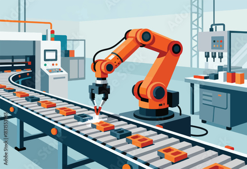 An industrial scene depicts a robotic arm on a conveyor belt, processing objects. Factory machines fill the background