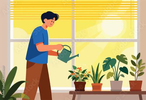 A cartoonish illustration depicts a person watering indoor plants beside a sunny window, with a warm color palette