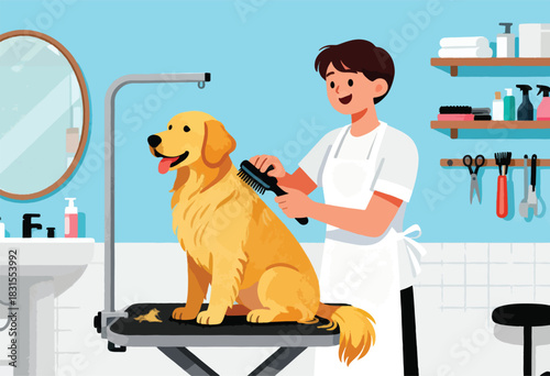 A happy golden retriever is groomed at a salon by a smiling groomer.  The room has shelves & a sink