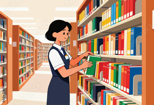 A library worker shelves a green book, flanked by colorful rows of books on wooden shelves. Perspective view