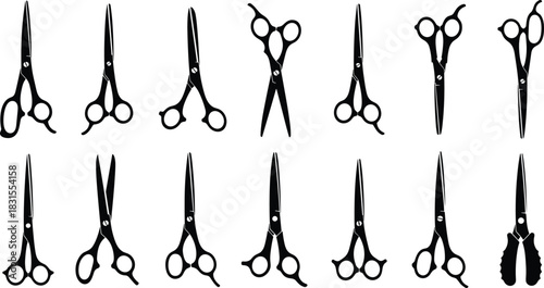 Set of Hairdressing Scissors and Shears Silhouettes, Barbershop and Salon Tools, Haircut Equipment, Professional Barber Supplies, Stylist Accessories Icons Vector.