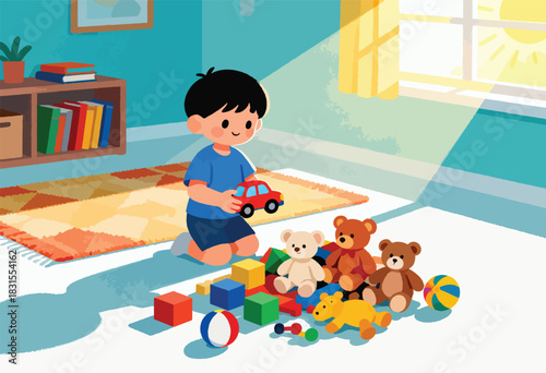 A child plays with toys in a bright room, featuring blocks, teddy bears, a car, and a colorful ball
