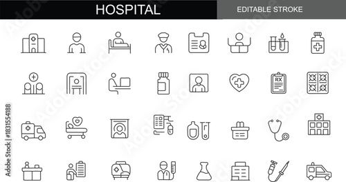 Essential Hospital and Clinical Line Icon Collection: Editable Stroke Vector Graphics for Medical Facilities, Doctors, Patients, Pharmacy, and Diagnostics