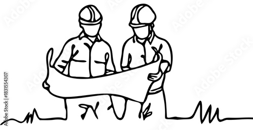 Continuous line drawing of construction workers reviewing blueprint
