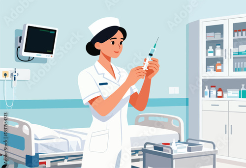 A nurse in a hospital room prepares an injection. Beside a bed, monitor, and storage cabinet is a medical cart