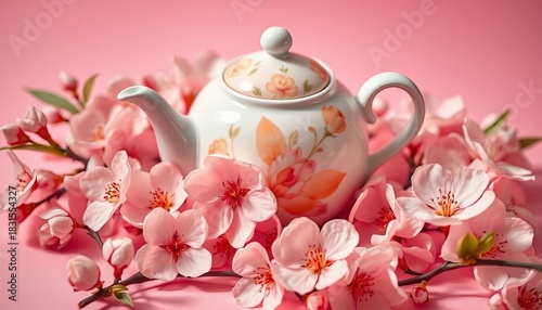 A porcelain teapot rests amidst delicate peach blossoms on a soft pink background, picture, petals