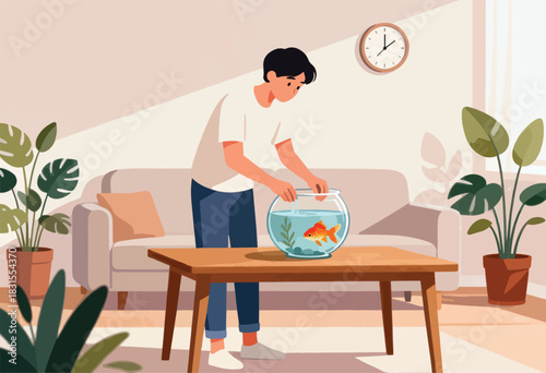 A person leans over a fishbowl on a wooden table. A goldfish swims. Room decor, plants, clock, & couch